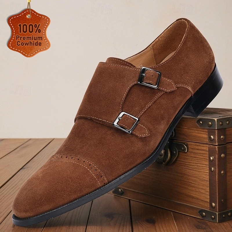 Brown Suede Leather Double Monk Strap Shoes for Men – Elegant Dress Shoes with Buckle Closure, Perfect for Formal Occasions and Business Wear