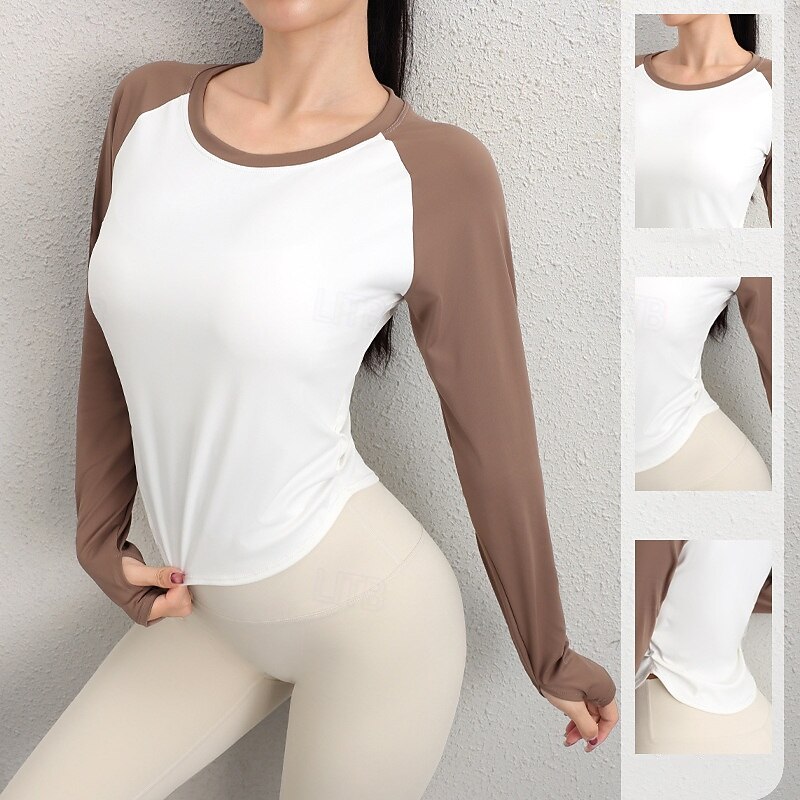 Women's Activewear Crew Neck Quick Dry Stretchy Breathable Splicing Long Sleeve Sports Color Block Top For Gym Dance Athletic Activewear2
