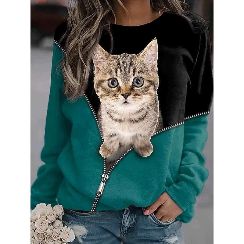 Women's Pullover Sweatshirt Hoodies Graphic Animal Cat Fashion Casual Long Sleeve Crew Neck Round Neck Regular Tops Street Dailywear Print Dark Green Spring Fall Winter