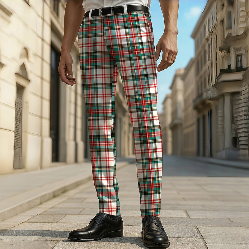 Men's Geometric Tartan Grid / Plaid Dress Pants Trousers Casual Pants Mid Waist Casual Formal Vacation Office Daily Summer Spring Fall 3D Print Blue Green