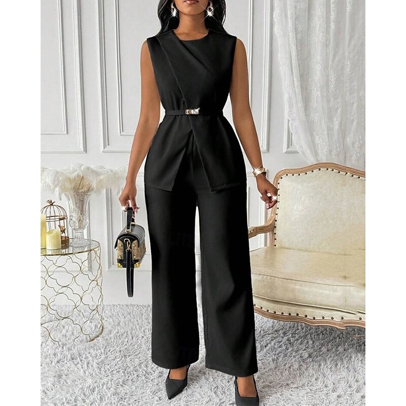 Women's Elegant Fashion Pants Sets Bolero Top Sleeveless Crew Neck Solid Color Vacation Casual Daily Black White Red Summer Regular Fit