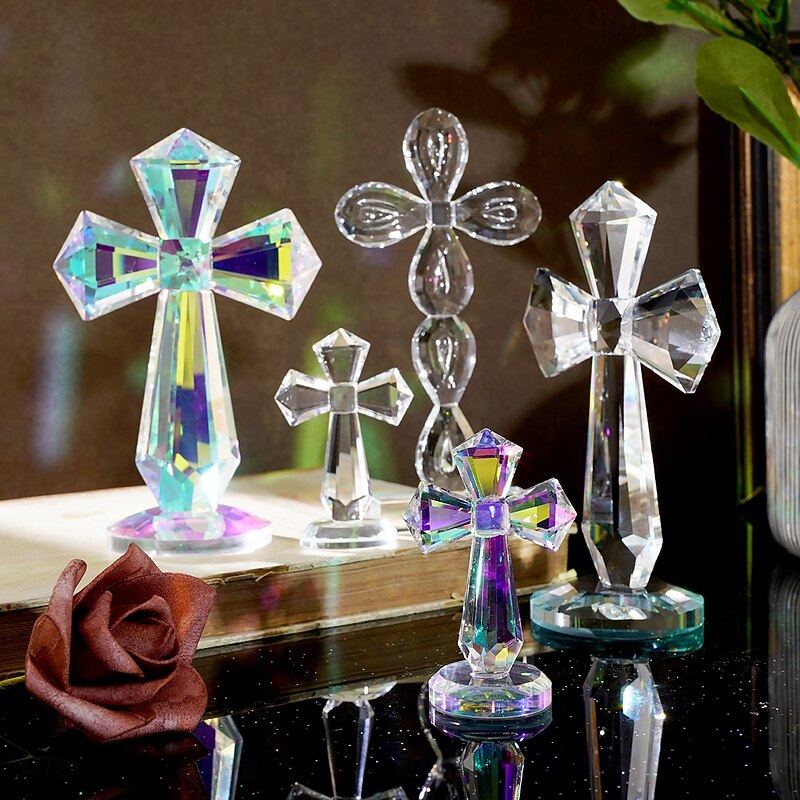 Crystal Angel Heart and Cross Prism Ornament, Creative Glass Sun Catcher Decoration for Windowsill, Office Desk, Bookshelf or Display Window Decor