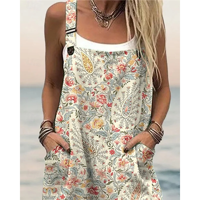 Women's Normal Jumpsuit Streetwear Floral Short Sleeve Wide Leg U Neck Pocket Print Street Daily Regular Fit Khaki Summer2
