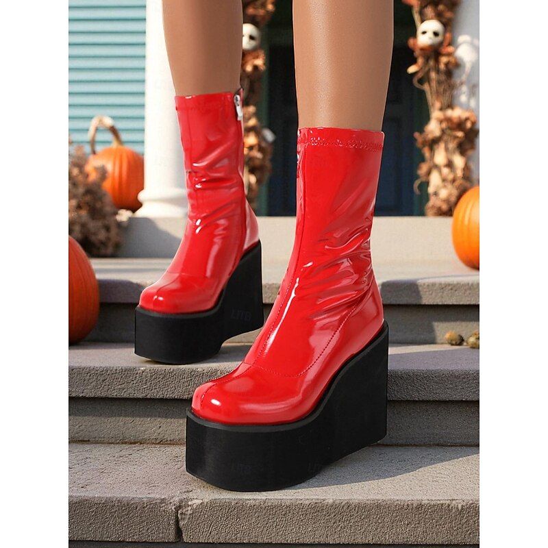 Women's 1980s Red Patent Platform Wedge Go-Go Boots – Retro Shiny Ankle Boots for Parties, Stage Shows, and Halloween Costumes