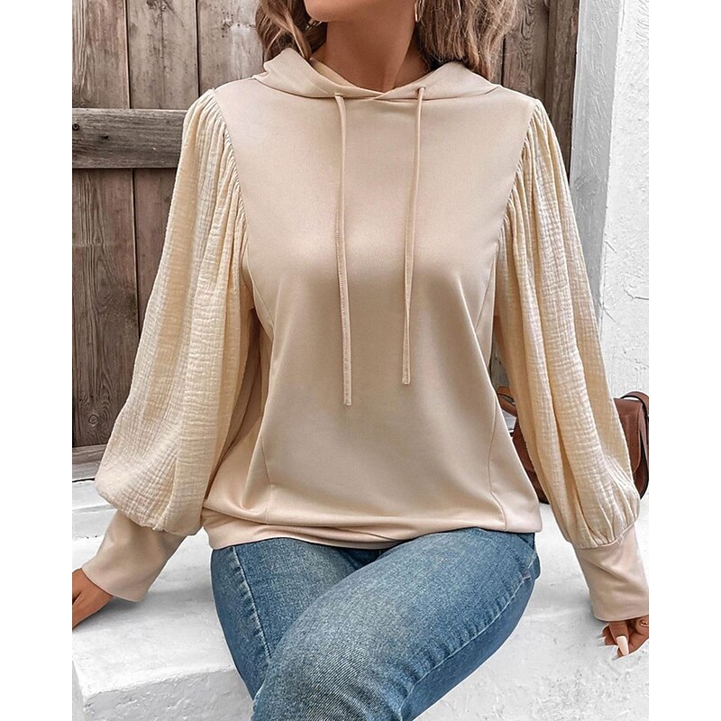 Women's Pullover Hoodie Sweatshirt Plain Streetwear Casual Comfy Long Sleeve Hooded Regular Tops Street Holiday Going out Drawstring Khaki Spring Fall4