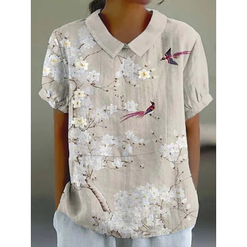Women's Shirt Floral Daily Casual Short Sleeve Shirt Collar Regular Tops Daily Holiday Buttons Print Khaki Summer Spring