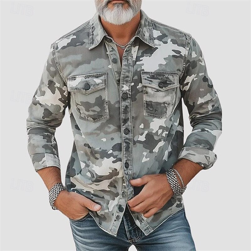 Men's Shirt Summer Shirt Casual Shirt Button Up Shirt Cargo Shirt Navy Blue Green khaki Army Green Gray Long Sleeve Camouflage Lapel Vacation Hawaiian Pocket Clothing Apparel Polyester Fashion Casual3