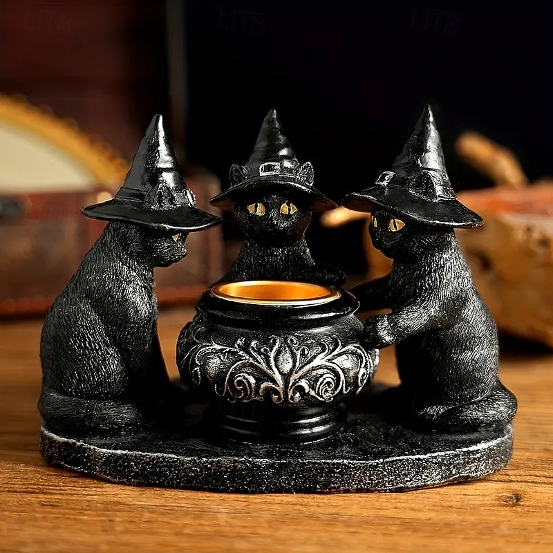 Halloween Witch Cat Incense Burner Resin Ornament Mysterious Dark Vintage Style Scented Candle Holder Suitable for Holiday Decoration Enthusiasts And Festive Scene Arrangement2