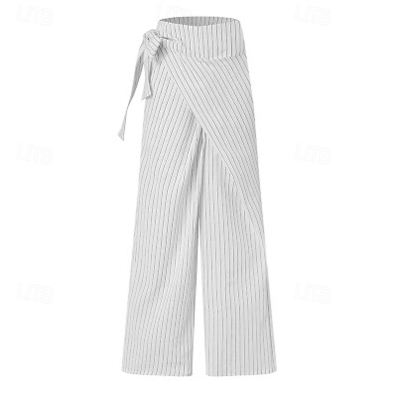 Women's Dress Pants Wide Leg Pants Trousers Fashion Streetwear Full Length High Waist Stripe Drawstring Breathability Comfortable Street Daily Wear Going out White Blue Dark Gray Spring Fall Regular3