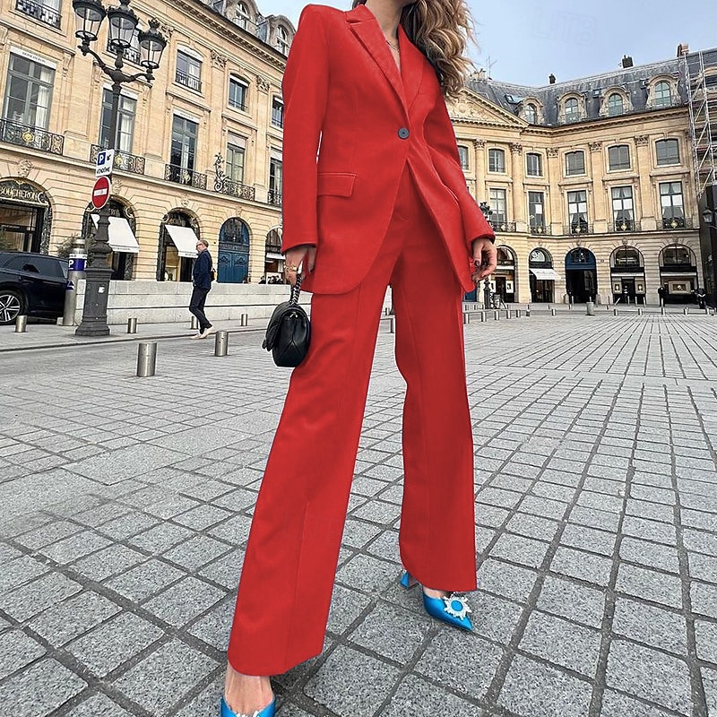 Women's Active Fashion Blouse Blazer Pants Sets Long Sleeve Shirt Collar Solid Color Office Work Going out Yellow Red Blue Fall Regular Fit2