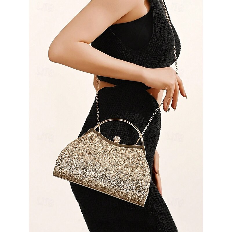 Women's Glitter Evening Clutch Bag – Sparkly Gold Handbag with Chain Strap, Elegant Party Purse for Weddings, Proms and Cocktail Events2