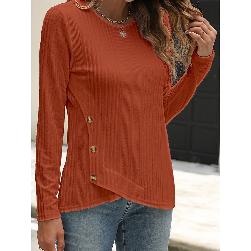Women's Blouse Solid Color Stylish Casual Long Sleeve Crew Neck Regular Tops Daily Buttons Black White Blue Purple Orange Summer Spring Fall4