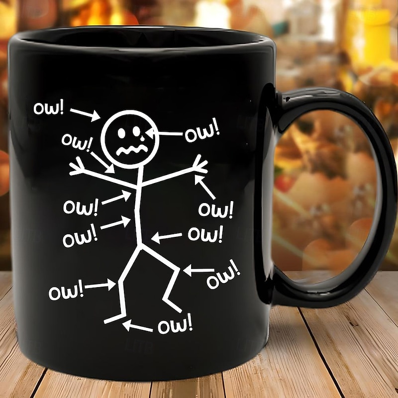 Funny Coffee Mug Ow Stick Figure Pain Chart Black Ceramic Mug 11oz 330ml Sarcastic Gag Gift for Friends Coworkers Adults
