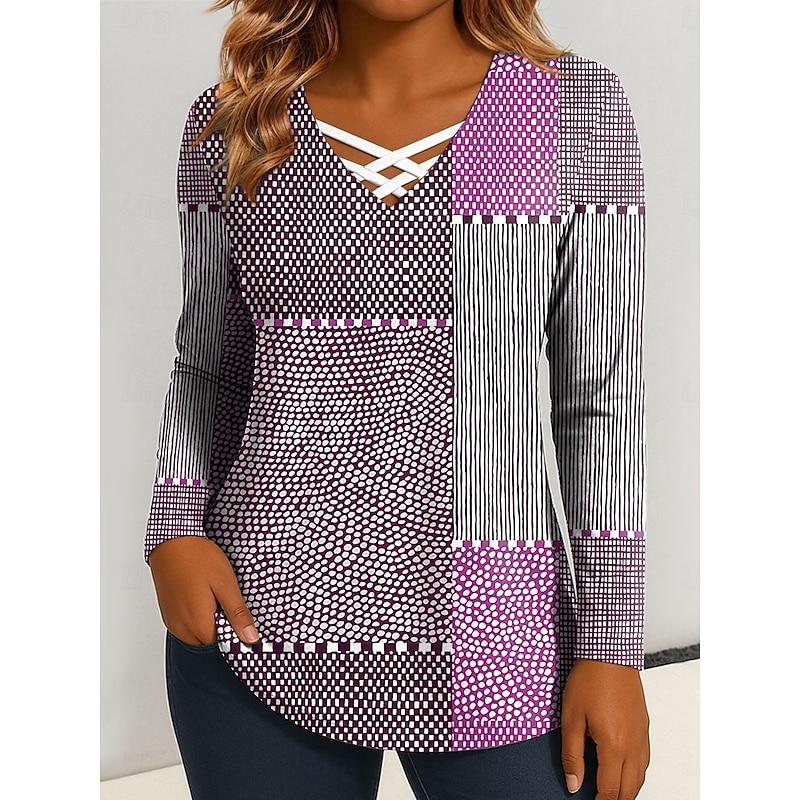 Women's T Shirt Graphic Geometric Vintage Stylish Classic Long Sleeve V Neck Regular Tops Daily Cut Out Print Blue Purple Green Spring Fall2