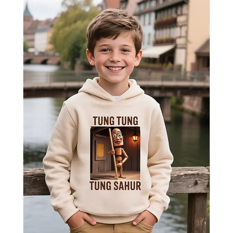 Boys' Casual Long Sleeve Hoodie with TUNG TUNG TUNG SAHUR Print 3D Spring Fall Fashion Streetwear Kids 4-12 Years Hooded Outdoor Casual Daily Regular Fit3