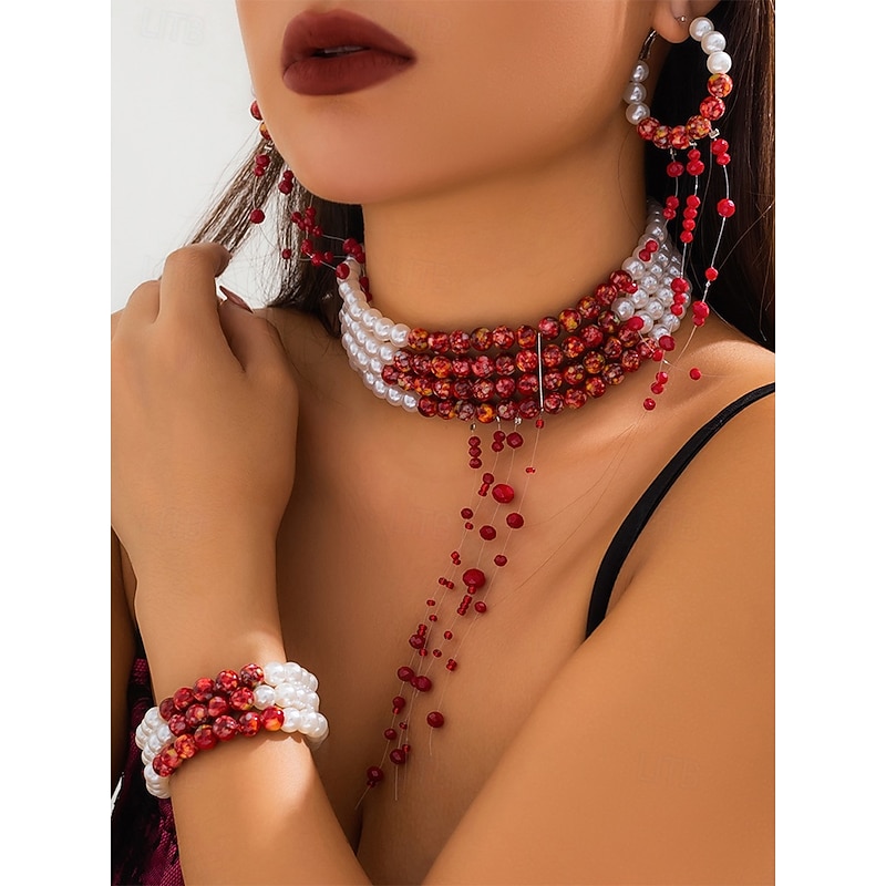 Women's Halloween Blood Drip Jewelry Set – Pearl and Red Bead Choker, Bracelet and Earrings for Costume Parties and Spooky Events3
