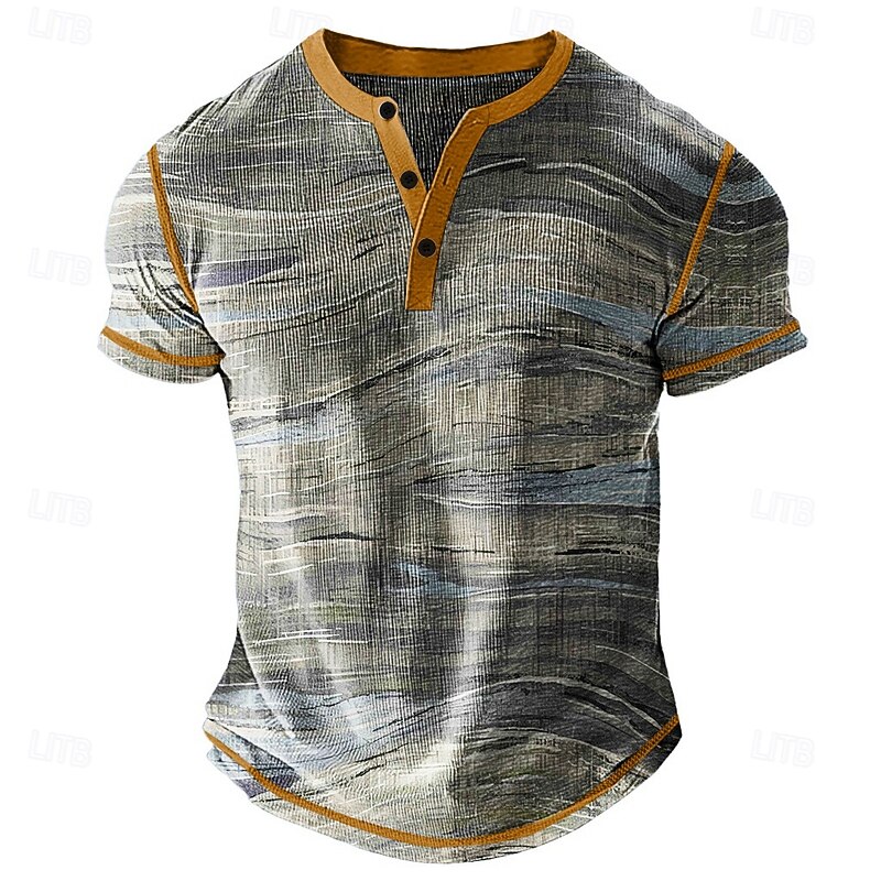 Men's Graphic Henley Shirt Waffle T Shirt Short Sleeve Daily Retro Vintage Classic Sports Outdoor Casual Holiday Spring & Summer All Seasons Blue Purple Khaki Grey Henley Henley T-Shirt - Main Image