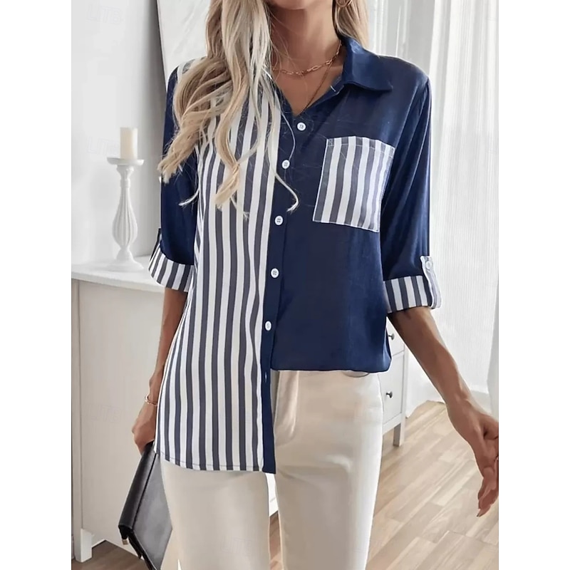 Women's Shirt Plaid Stylish Modern Long Sleeve Shirt Collar Regular Tops Daily Holiday Pocket Buttons Print Navy Blue Summer4