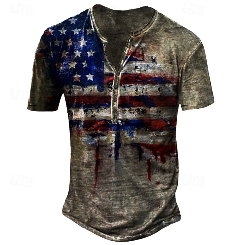 Men's American Independence Day Graphic Prints American Flag National Flag T Shirt Henley Shirt Short Sleeve 3D Print Sports Fashion Designer Outdoor Street Daily Summer Black Army Green Brown Light2