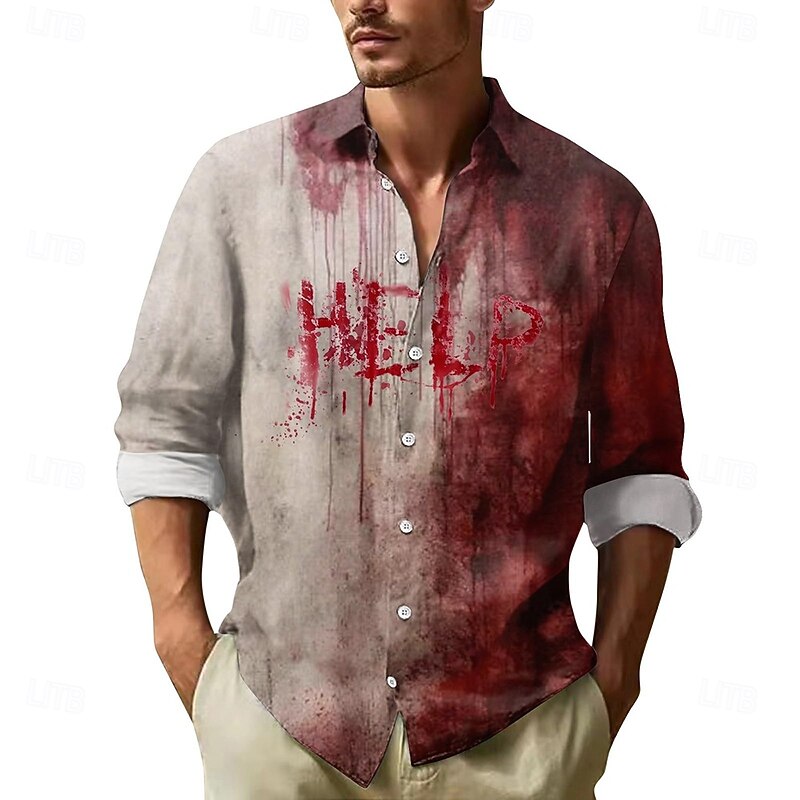 Halloween Men's Blood Splatter Letter Printed Blood stains Shirt Button Up Shirt Long Sleeve Dark Punk Gothic Style Holiday Streetwear Summer Spring Turndown 3D Print Collared Shirts Red 1 Red