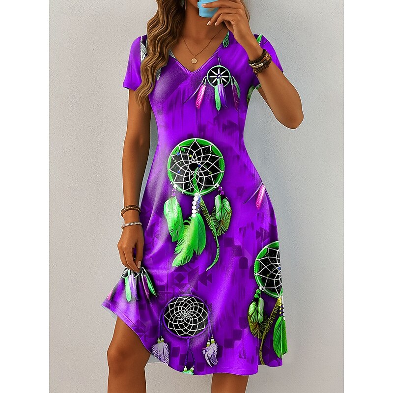 Women's Mini Dress Casual Dress T Shirt Dress Tee Dress Sundress A Line Dress Vacation Casual Boho Beach Regular Fit Graphic Feather Short Sleeve V Neck Blue Purple Orange Green Summer Spring3