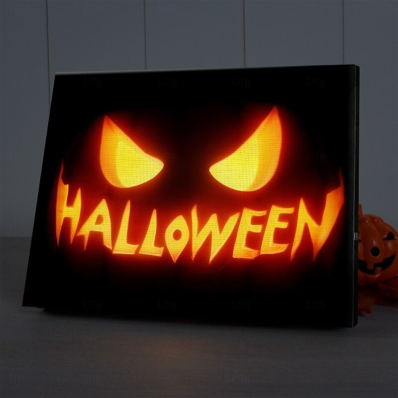 Halloween Pumpkin Face LED Canvas Wall Art - Battery Operated Lighted Wall Decor for 2025 Halloween home decoration light livingroom and bedroom