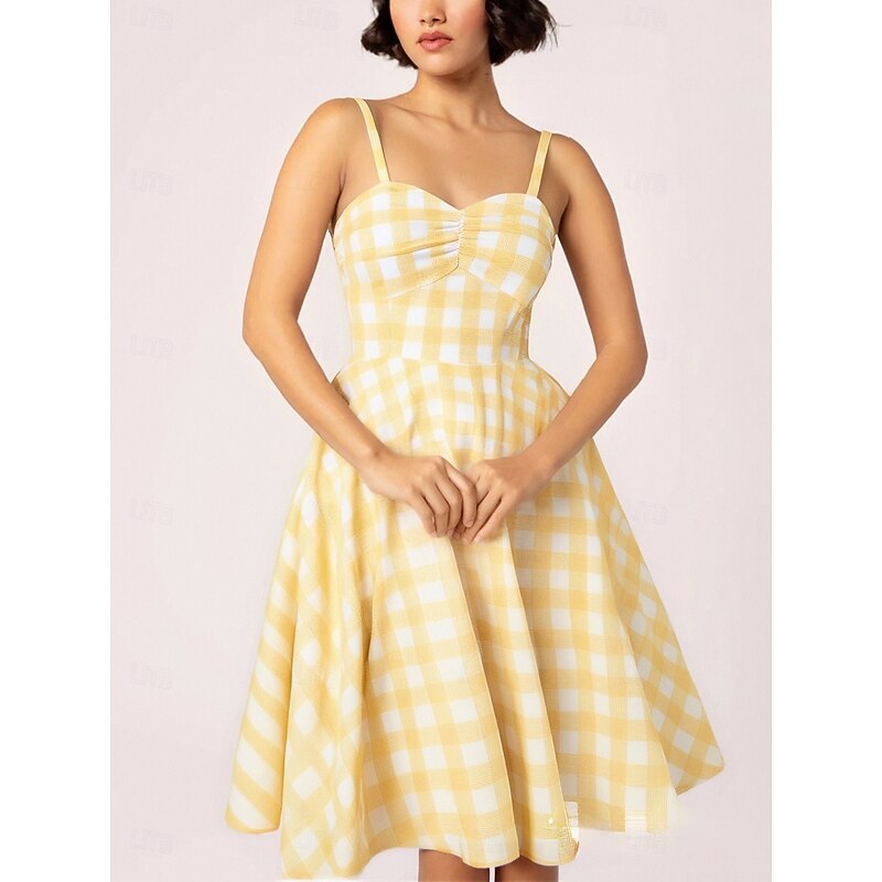 Retro Vintage 1950s Rockabilly Knee Length Dress Swing Dress Flare Dress Spaghetti Strap Polka Dot Checkered / Gingham A-Line Fancy Dress Women's Carnival Vacation Daily Wear Bachelorette Party