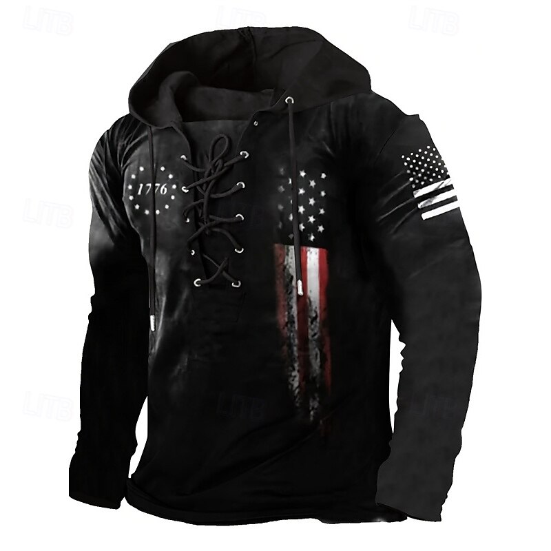 Men's Hoodie Black And White Black Hooded National Flag Lace up Sports & Outdoor Daily Holiday Polyester Streetwear Basic Casual Spring Fall Clothing Apparel Hoodies Sweatshirts2