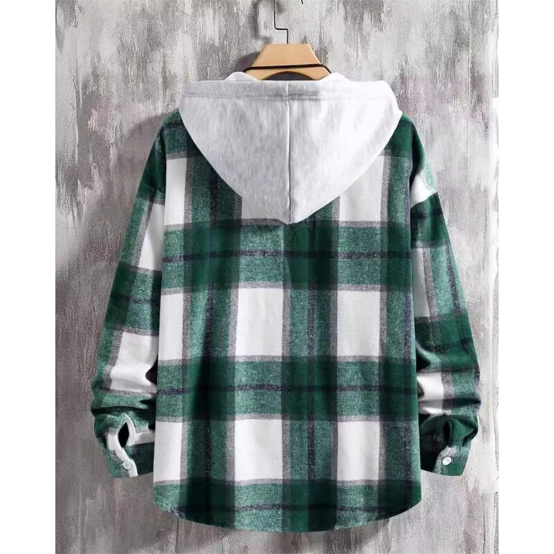 Men's Lightweight Jacket Shirt Jacket Casual Jacket Shacket Vacation Daily Breathable Pocket Spring Fall Plaid Fashion Classic Hooded Regular Wine Red Blue Green Jacket3