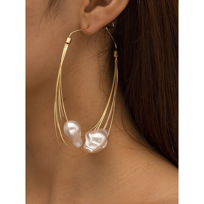 Women's Oversized Gold Wire Hoop Earrings with Irregular Pearl Drops - Artistic Statement Jewelry for Fashion Parties and Trendy Events