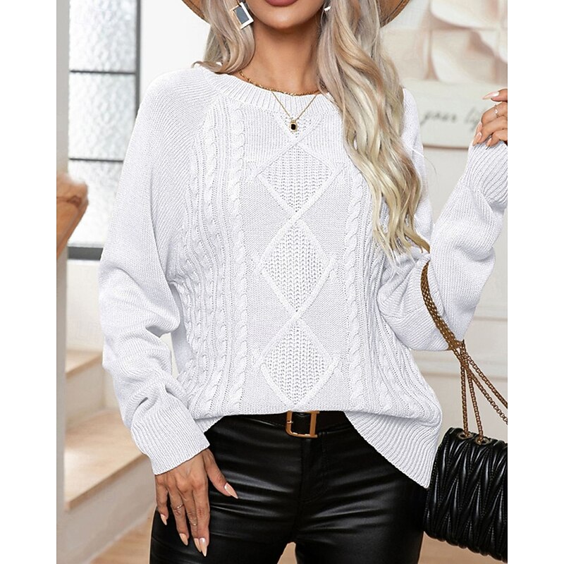 Women's Pullover Casual Solid Color Chunky Crew Neck Knitted Long Sleeve Regular Tops Knit Daily Holiday Going out White Khaki Fall Winter4