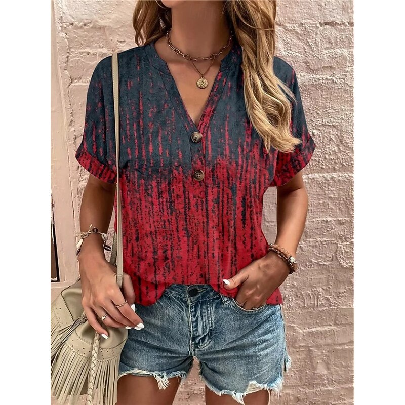Women's T Shirt Ombre Floral Graphic Vintage Stylish Classic Short Sleeve V Neck Notched Neck Regular Tops Daily Weekend Print White and gray Red Blue Orange off-white Summer Spring