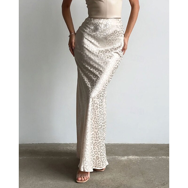 Women's Skirt Fashion Maxi Mid Rise Skirts Leopard Print Micro-elastic Vacation Street Beige Summer Polyester