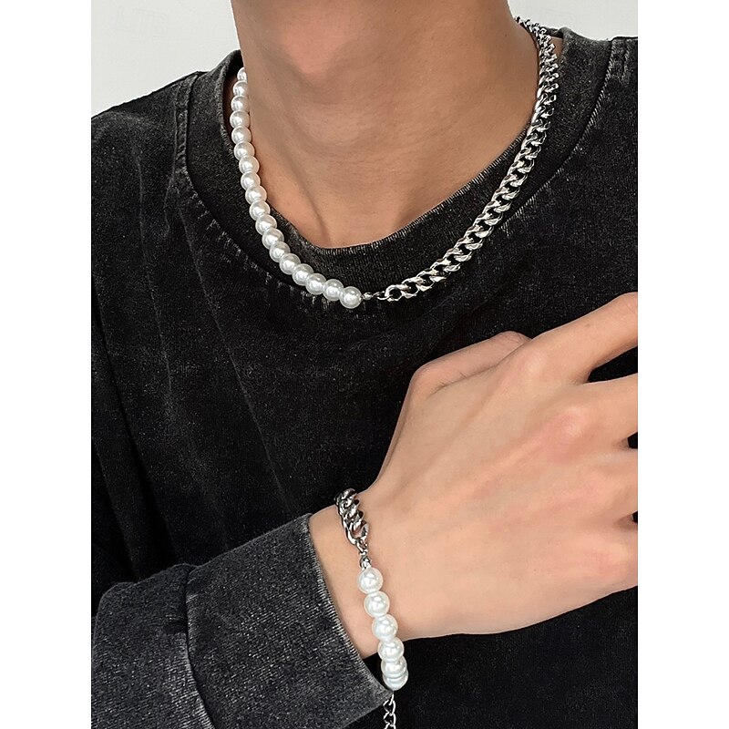 Men's Pearl and Chain Jewelry Set – Trendy Half Pearl Half Metal Necklace and Bracelet for Streetwear, Hip-Hop Style and Party Fashion2