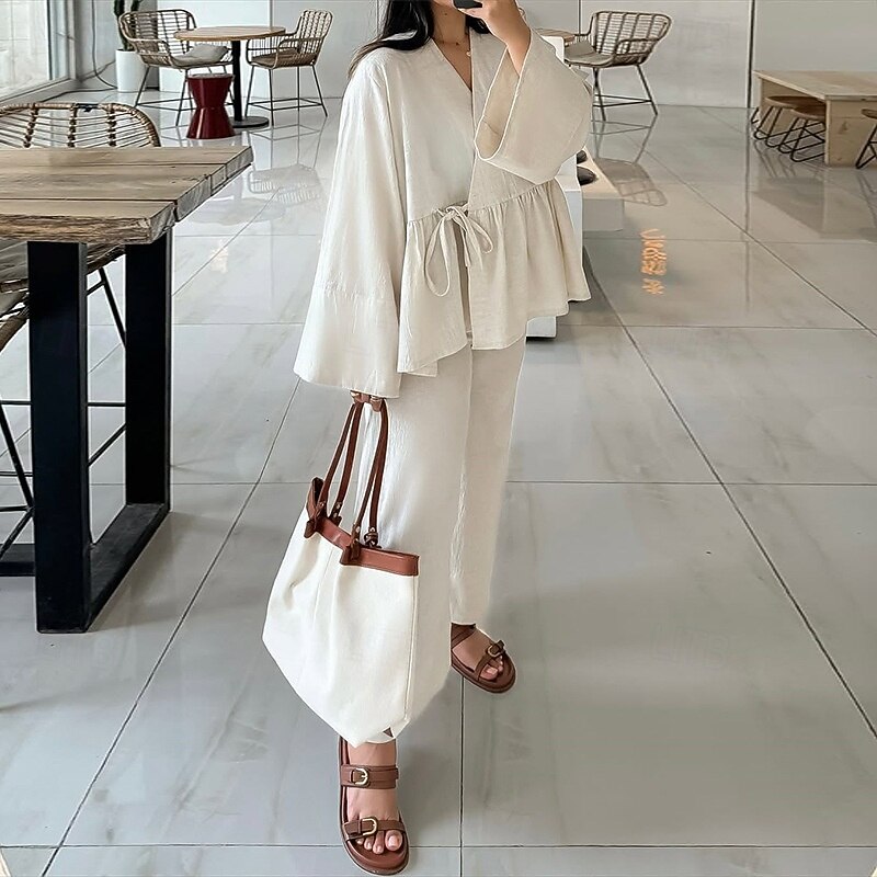 Women's Elegant Bohemia Vacation Pants Sets Long Sleeve Bell Sleeve V Neck Solid Color Lace up Ruched Ruffle Outdoor Vacation Party off white Pink khaki Summer Loose Fit