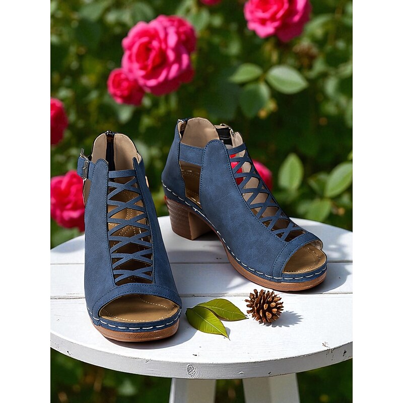 Women's Peep Toe Cut-Out Block Heel Booties with Back Zip – Stylish Summer Chunky Heels for Dates, Garden Parties and Outdoor Events4