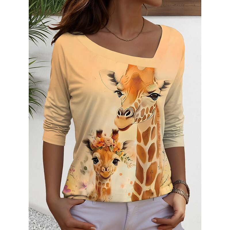 Women's T Shirt Graphic Animal Vintage Casual Long Sleeve Asymmetric Neck Regular Tops Daily Print White Yellow Orange Khaki Summer Spring Fall
