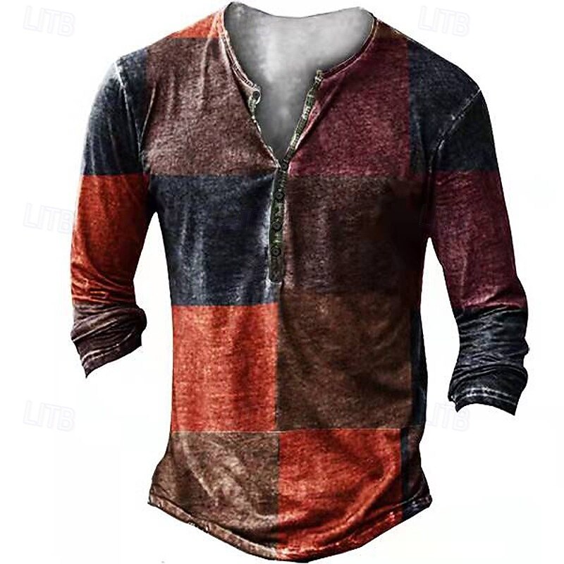 Men's Faux Patchwork Pattern T Shirt Henley Shirt Tee Long Sleeve Vintage Designer Stylish Outdoor Daily Sports Spring & Summer Brown Green Red Henley Henley T-Shirt2