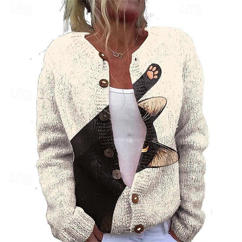Women's Sweater Cardigan Fashion Streetwear Daily Animal Ribbed Open Front Knitted Print Long Sleeve Long Tops Knit Holiday Going out Weekend Yellow Khaki Fall Winter2