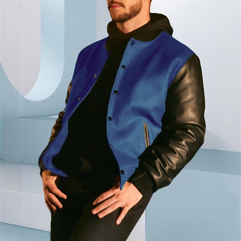 Men's Faux Leather Jacket Biker Jacket Varsity Jacket Vacation Daily Windproof Color Block Fall Winter Color Block Fashion Classic Stand Collar Regular Yellow Navy Blue Green Jacket4