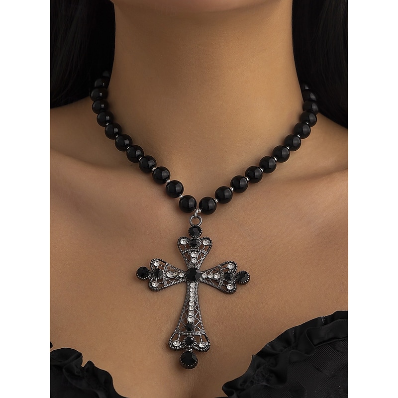Women's Baroque Pearl and Beaded Cross Pendant Necklaces - Multiple Style Options for Elegant Gothic and Vintage Looks, Perfect for Parties and Special Occasions2