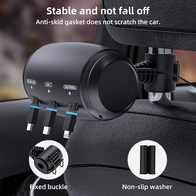 Multi Car Retractable Backseat 3 in 1 Car Charging Station Box Compatible with All Phones, for Uber Taxi Lyft Turo Ride Share Customer Charging Dock Attach to Headrest2