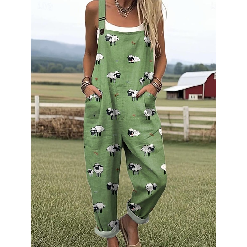 Women's Dungarees Active Animal Sleeveless Sleeveless Wide Leg Pocket Buttons Vacation Street Loose Fit Light Green Green Gray Summer