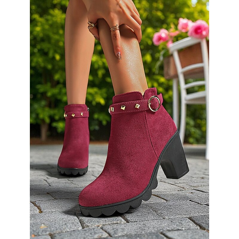 Women's Burgundy Faux Suede Ankle Boots – Chunky Heel Fashion Booties with Studded Strap for Fall Outfits, Parties and Shopping3