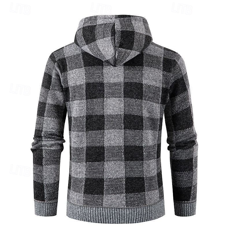 Men's Cardigan Sweater Cropped  Sweater Zip Sweater Knit Sweater Ribbed Knit Regular Tops Knitted Plaid Hooded Fashion Classic Vacation Daily Wear Clothing Apparel Fall Winter Red Navy Blue M L XL2