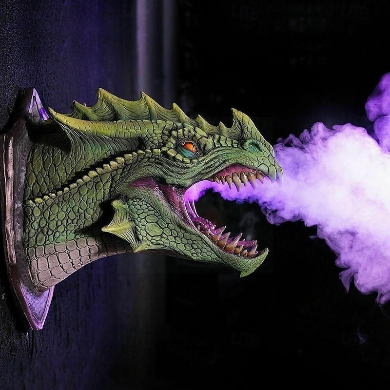 Dragon Sculpture with LED Smoked Effect, 3D Wall Art Hanging Statue for Garden or Home Decor
