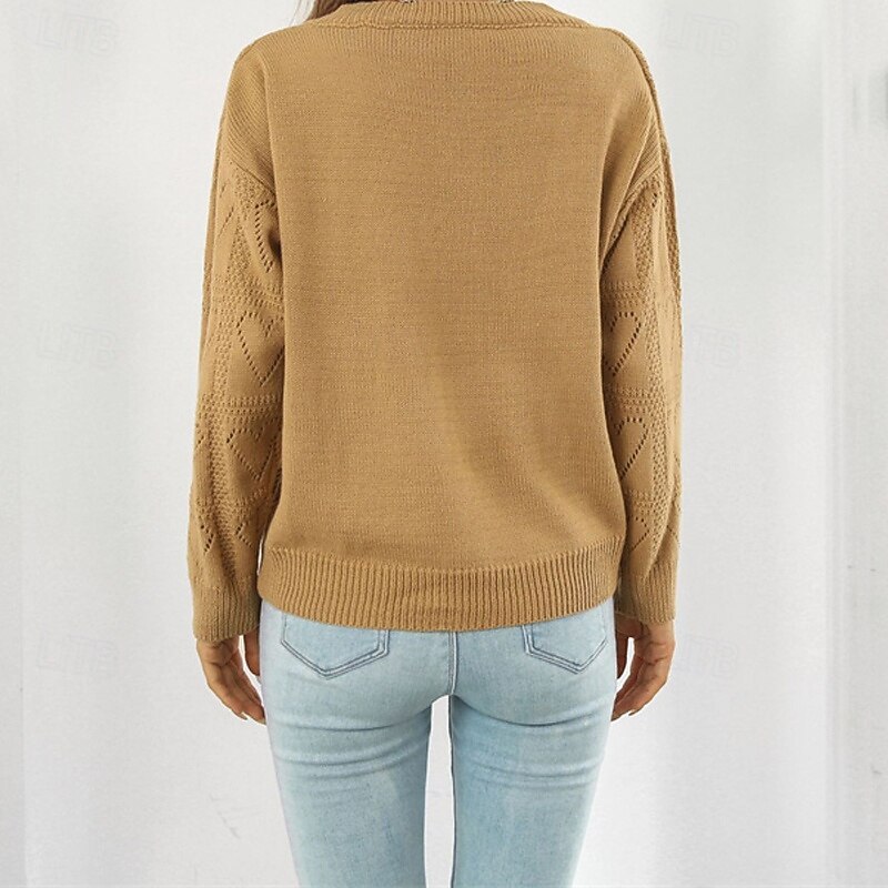 Women's Pullover Casual Solid Color Chunky V Neck Knitted Hole Long Sleeve Regular Tops Knit Daily Holiday Going out Yellow Pink Fall Winter4