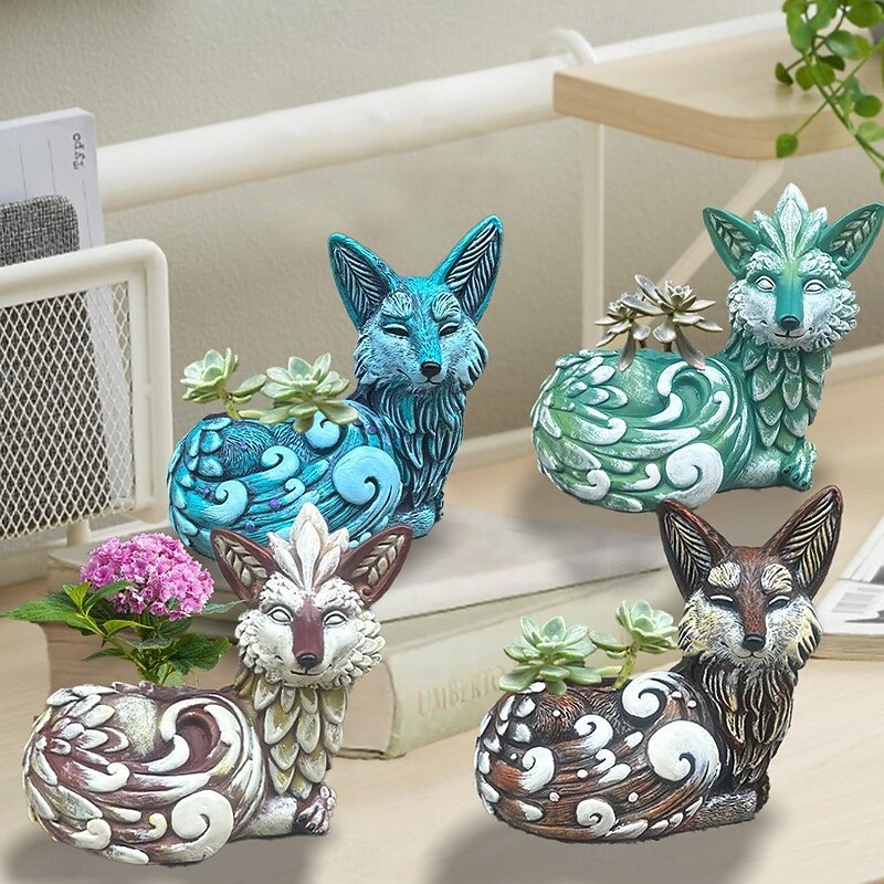 Succulent Fox Planter, Animal Garden Resin Figurine, Outdoor Patio Decor, Cute Fox with Plant Pot for Home, Yard Decoration