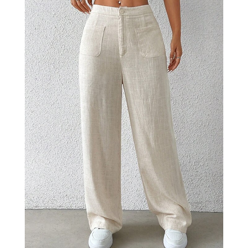 Women's Wide Leg Slacks Streetwear Casual Full Length Natural Plain Pocket Comfortable Outdoor Vacation Daily Apricot Fall Regular Fit2