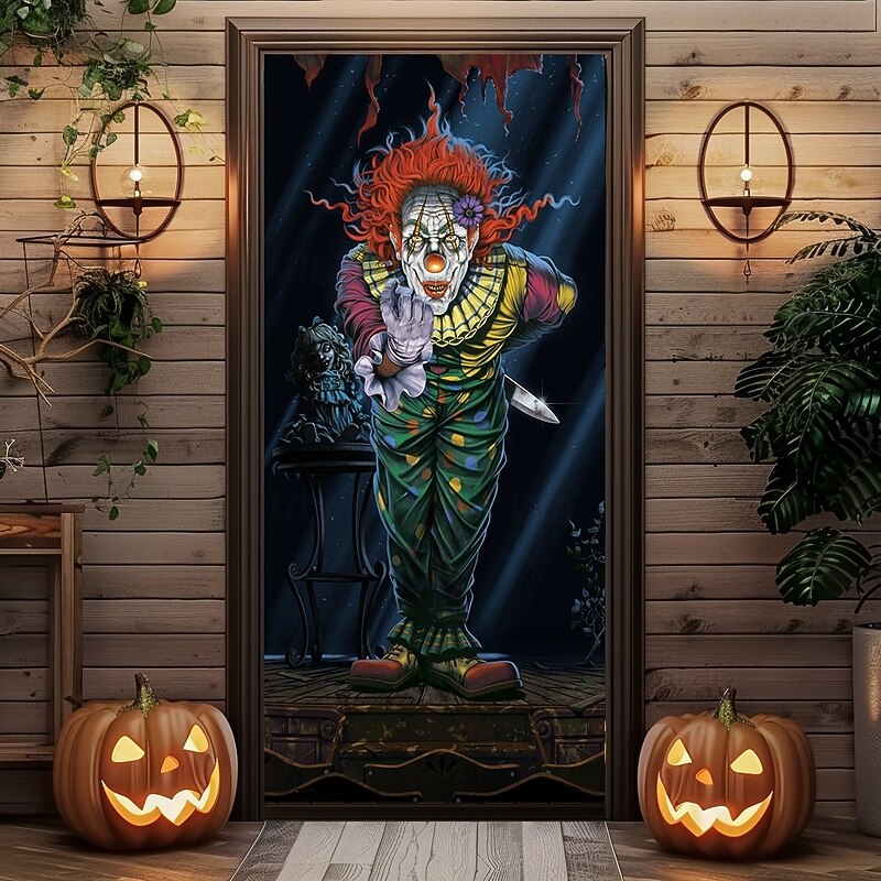 Halloween Door Covers Surprise Clown by Vincent Hie Door Tapestry Door Curtain Decoration Backdrop Door Banner for Front Door Farmhouse Holiday Party Indoor Outdoor Decor Supplies3